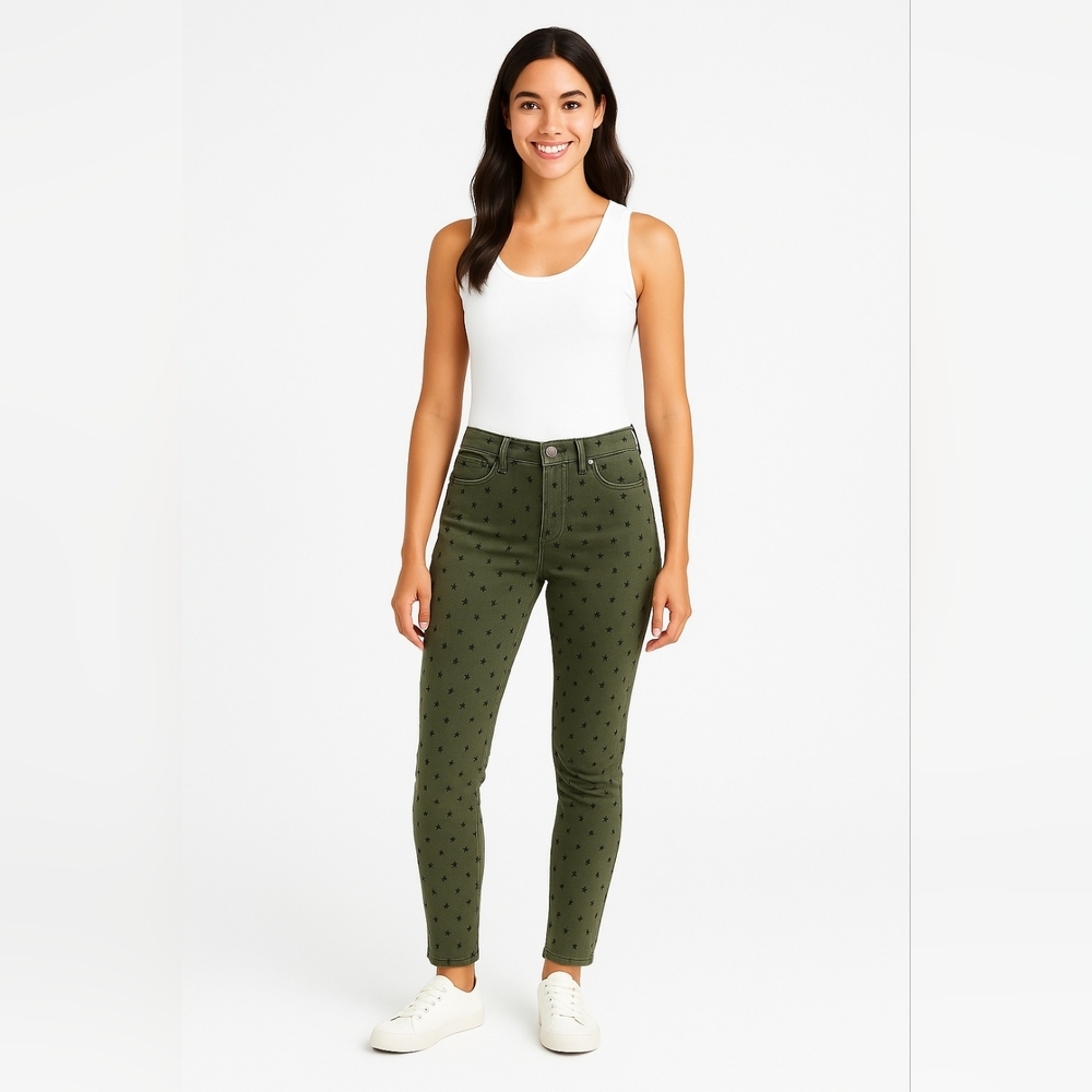 Olive Star Print Skinny Jeans Mid Rise Stretch Trendy Casual Denim